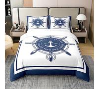 richhome Ancre Volant Ensemble de literie 100% Coton Twin Nautique Thème Parure de Lit Housse de Couette 220x240cm 100% Coton Set pour Décor Mer Aventure Océan Parure de Lit Chambre à Coucher
