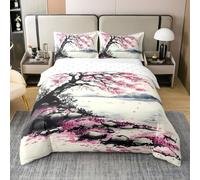 richhome Cherry Blossoms 100% Coton Parure de Lit pour Enfants Filles Femmes Style Japonais Housse de Couette 240x260cm Aquarelle Encre Peinture Ensembles de lit de Fleurs Roses