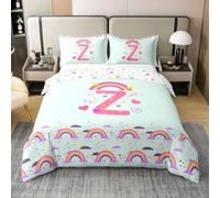 richhome Housse De Couette 140x200cm Mignon Vert Arc-en-Ciel Parure de Lit 1 Personne Personnalisé Lettre Z Set Housse Couette Heart avec Fermeture Éclair Love 100% Coton Kawaii