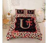 richhome Housse de Couette 200x200cm Rouge Brun Léopard Parure de Lit Rouge Noeud Papillonknot Set Housse Couette avec 2 Taies d'oreiller 65x65 cm Lettre Letter U Douce 3 Pièces