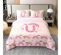 richhome Housse De Couette 240x260cm Coton Mignon Rose Arc-en-Ciel Parure de Lit 3 Pièces Personnalisé Lettre U Ensembles Housses Couette Heart Parure de Lit Love avec 2 Taies d'oreiller