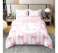 richhome Housse De Couette 240x260cm Coton Rose Noeud Papillon Parure de Lit Rose Blanc Striped Noeud Papillons Ensemble Literie Lettre L Parure de Lit avec Fermeture Éclair Douce
