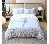 richhome Housse De Couette 240x260cm Mignon Bleu Noeud Papillon Parure de Lit 100% Coton Glitter Diamond Housse Couette avec 2 Taies d'oreiller 65x65 cm Personnalisé Lettre B Douce 3 Pièces