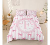 richhome Housse de Couette 240x260cm Rose Noeud Papillon Parure de Lit Microfibre Rose Blanc Striped Noeud Papillons Ensemble Literie Lettre F avec Fermeture Éclair Dreamy Princesse Douce