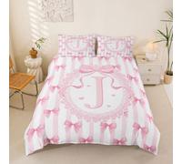 richhome Parure de Lit 140x200cm Rose Noeud Papillon Parure de Lit Rose Blanc Striped Noeud Papillons Ensembles Housses Couette Lettre J Douce Microfibre avec Fermeture Éclair