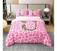 richhome Parure de Lit 240x260cm Rose Léopard Imprimer Housse De Couette Coton Lettre Letter U Parure de Lit 2 Personnes Gépard Noeud Papillonknot Ensembles Housses Couette