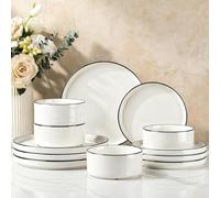 Richmount Service de vaisselle en porcelaine, set 12 pièces assiettes et bols pour 4 personnes, compatible micro-ondes et lave-vaisselle, Blanc avec contour noir
