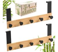RICOO MH029N-5x2 Porte-manteau de porte 5 crochets en acier barre en bambou montage de porte sans perçage pour vestes sacs 32 x 13 x 6,6 cm naturel et noir