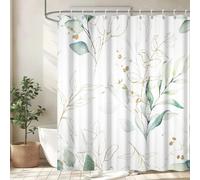 Rideau de douche 180 x 220 cm, feuilles vert eucalyptus, résistant à la moisissure, motif végétal aquarellé doré, tissu en polyester imperméable, lavable, 12 crochets pour la salle de bain inclus