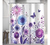 Rideau de douche 180x200cm Fleur violette Papillon Hydrofuge avec oeillets