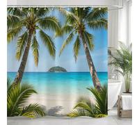 Rideau de Douche 200x200 Cocotier Tropical, Tissu Polyester Imperméable, Lavable en Machine et Séchage Rapide, Motif Paysage Côtier avec 12 Crochets d-2269