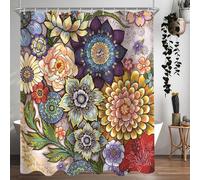 Rideau de douche 240x200 cm, motif floral bohème, tissu imperméable, lavable, en polyester, avec 16 œillets et anneaux