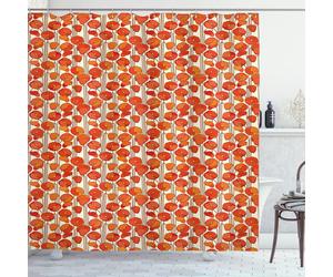 Rideau de douche ABAKUHAUS, style Art nouveau, fleurs de pavot rétro, printemps-été, feuilles de jardin, pétales, 175 x 220 cm, orange et ivoire