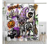 Rideau de douche amusant Halloween graffiti carlin 157 x 183 cm avec crochets, décoration de salle de bain effrayante sorcière, chaudron, accessoires de bain en polyester