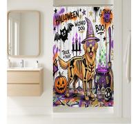 Rideau de douche amusant Halloween Graffiti Golden Retriever Dog Stall 91,4 x 183 cm avec crochets - Décoration de salle de bain effrayante sorcière - Chaudron - Accessoires de bain en polyester