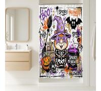 Rideau de douche amusant Halloween Graffiti Hamster Stall 91,4 x 183 cm avec crochets, chaudron sorcière effrayant, décoration de salle de bain, accessoires de bain effrayants en polyester