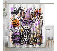Rideau de douche amusant Halloween graffiti lapin lapin 183 x 183 cm avec crochets, chaudron sorcière effrayant, décoration de salle de bain, accessoires de bain effrayants en polyester