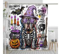 Rideau de douche amusant Halloween graffiti néopolitain chien mastiff 183 x 213 cm avec crochets, décoration de salle de bain effrayante sorcière, chaudron, accessoires de bain en polyester