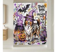 Rideau de douche amusant pour Halloween motif chien berger shetland graffiti 137 x 198 cm avec crochets, décoration de salle de bain effrayante sorcière, chaudron, accessoires de bain en polyester