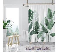 Rideau de douche anti-moisissure 120 x 180 cm, motif feuilles vertes et plantes, en polyester hydrofuge, avec anneaux, lavable