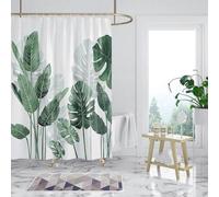 Rideau de douche anti-moisissure 180 x 180 cm avec revêtement hydrofuge, motif de feuilles vertes, en polyester, lavable, 12 anneaux
