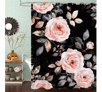 Rideau de Douche Anti Moisissure et Imperméable, Polyester Shower Curtain Noir Lavable avec Ourlet Inférieur Lesté, Rideaux Douche Fleur avec Œillets Antirouille et 12 Crochets, 200x200 cm J8-250