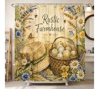 Rideau de douche avec bonnet de paille rustique en polyester imperméable, motif panier de fleurs, marron printanier, décoration pour salle de bain, chambre d'amis, 157 x 183 cm