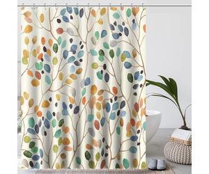 Rideau de douche beige 180 x 200 cm en tissu anti-moisissure, lavable, avec un motif végétal coloré, des œillets, style vintage, motif bohème.