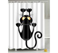 Rideau de douche, chat rigolo, chaton noir plein d'humour, rideau de salle de bain, noir et blanc, design minimaliste, enfant, adorable animal de dessin animé, rideau de douche en tissu imperméable, 1