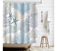 Rideau de douche de plage motif corail - Thème plage - Kit de décoration avec 12 crochets - Bleu - 183 x 183 cm