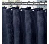 Rideau de douche en tissu gaufré, couleur bleu marine, dimensions 182 x 198 cm, avec anneaux métalliques