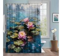 Rideau de douche en tissu hydrofuge avec crochets, 91,4 x 182,9 cm (l x L), motif nénuphar rose rustique superposé, feuilles vertes, étang, bleu sarcelle, lavable en machine, pour salle de bain