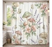 Rideau de douche extra long champignon botanique vintage fleur papillon printemps pastel lavable avec crochets pour salle de bain, baignoire, appartement, décoration 183 x 243 cm