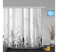 Rideau de douche,Fleurs Bourgeons Feuilles Plantes Abstrait Ombre Toile de Fond avec Fleurs Florales Blanc Noir,Tissu Ensemble de Décor de Salle de Bain avec 12 crochets en plastique,180x210cm
