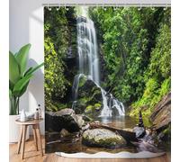 Rideau de douche « Forêt » 180 x 180 cm, jungle tropicale, forêt tropicale, arbre vert, plante, nature, paysage, cascade, rideau de douche imperméable en polyester, lavable, avec crochets