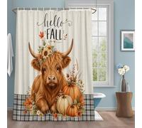 Rideau de douche Hello Fall Highland avec crochets, 91,4 x 182,9 cm (l x L), motif citrouilles, tournesols, feuilles, carreaux noirs, hydrofuge, lavable en machine, pour salle de bain
