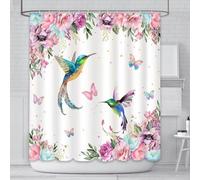 Rideau de douche Ibenzoa® 180 x 180 cm – 1 pièce, en polyester imperméable avec des motifs floraux colorés de style aquarelle et des colibris, inclut 12 crochets en plastique