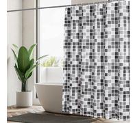 Rideau de douche Ibenzoa® au motif mosaïque, en polyester résistant à l'eau, dimensions 180 x 180 cm, ourlet lesté, 12 œillets en métal inoxydable + anneaux, couleur noir/blanc/gris, pour douche et ba