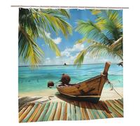 Rideau de douche imprimé bateau bord de mer feuilles de noix de coco pour | Rideau de douche avec 12 crochets en plastique pour décoration de salle de bain