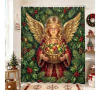 Rideau de douche motif ange de Noël 183 x 213 cm | Ailes dorées, baies de houx, panier d'ornements, décoration saisonnière, atmosphère festive