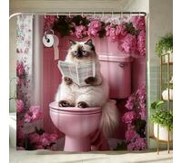 Rideau de douche motif chat floral, mignon chat ragdoll lisant dans la décoration de salle de bain, printemps été, moderne, ludique, en tissu imperméable, avec crochets, 157 x 183 cm