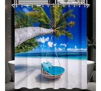 Rideau de douche motif plage hydrofuge 240x200cm 16 oeillets bleu