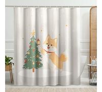 Rideau de douche Shiba de Noël, rideau de vacances beige pour salle de bain, décoration festive, hiver saisonnier moderne, en tissu imperméable, avec crochets, 183 x 183 cm
