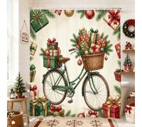 Rideau de douche thème vélo de Noël 183 x 183 cm | Illustration de vélos vintage, panier en osier, boîtes cadeaux emballées, branches de pin, ornements festifs