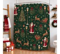 Rideau de douche vintage Père Noël 274,3 x 182,9 cm | Motif Père Noël, illustrations de rennes, motifs d'arbre de Noël, fond vert foncé, style vintage de vacances