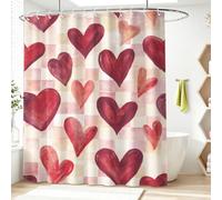Rideau de Douche Vintage Romantique en Polyester imperméable et Lavable avec Crochets, 120 x 180 cm, Rideau de Salle de Bain Cœur Rouge Carreaux Motif Aquarelle Doux Amour pour Salle de Bain