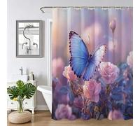 Rideau de Doucherose Papillon,Rideau Douche 130x170cm,Rideaux de Baignoire Imperméable en Tissu Polyester avec 12 Crochets Ourlet Lesté,Facile à Installer,Lavable en Machine pour Salle de Bain Z-179