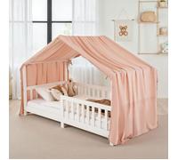 Rideau de lit LIAN avec pompons en mousseline 100% coton 125 x 390 cm, Pour lits cabanes enfants, Tissu léger et doux Rose