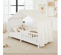 Rideau de lit LIAN en mousseline 100% coton 125 x 390 cm, Pour lits cabanes enfants, Tissu léger et doux, Blanc étoilé