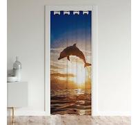 Rideau de Porte de Dauphin,Rideau D'Occultation de Thème Marin,Rideau de Porte Abstrait de Silhouette de Dauphin de Bête de Mer Côtière,Rideau de Séparation Pièce Atif de Soleil Coloré,106x203